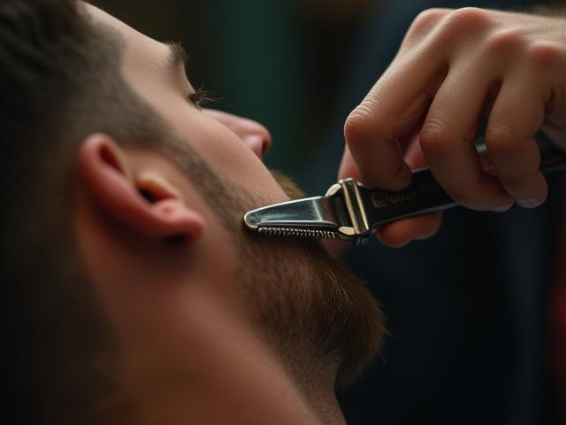 남성을 면도하는 숙련된 바버의 클로즈업